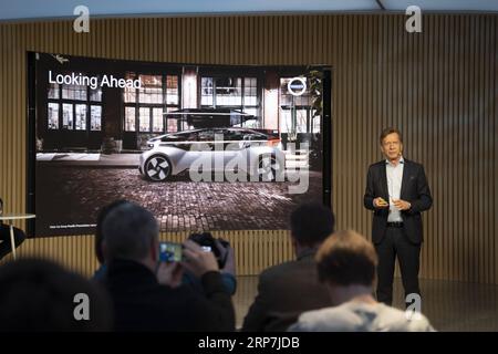 (190207) -- STOCKHOLM, Feb. 7, 2019 -- Volvo Cars president and CEO Hakan Samuelsson speaks at a press conference in Stockholm, Sweden, Feb. 7, 2019. Volvo Cars released on Thursday its annual report of 2018 which saw its fifth consecutive year of record sales. ) SWEDEN-STOCKHOLM-VOLVO CARS-ANNUAL REPORT WeixXuechao PUBLICATIONxNOTxINxCHN Stock Photo