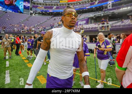 Minnesota Vikings wide receiver Trishton Jackson (9) in action against the  Arizona Cardinals during the first half of an NFL preseason football game  Saturday, Aug. 26, 2023 in Minneapolis. (AP Photo/Stacy Bengs