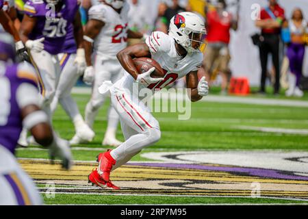 Arizona Cardinals wide receiver Davion Davis runs a passing route during  NFL football training camp practice at State Farm Stadium Saturday, July 29,  2023, in Glendale, Ariz. (AP Photo/Ross D. Franklin Stock