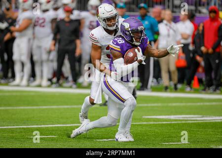 Minnesota Vikings wide receiver Jacob Copeland (28) warms up