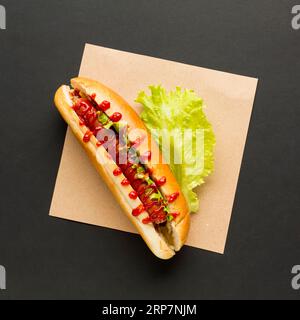 Hot dog with lettuce top view Stock Photo