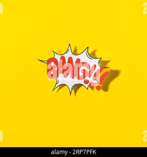 Stylish retro comic speech bubble with text bang yellow background Stock Photo