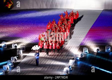 (190211) -- SARAJEVO, Feb. 11, 2019 (Xinhua) -- Belarus youth Olympic team parades during the opening ceremony of 14th European Youth Olympic Festival (EYOF 2019) at the City Olympic Stadium in Sarajevo, Bosnia and Herzegovina (BiH) on Feb. 10, 2019. (Xinhua/Nedim Grabovica) (SP)BOSNIA AND HERZEGOVINA-SARAJEVO-EUROPEAN YOUTH OLYMPIC FESTIVAL PUBLICATIONxNOTxINxCHN Stock Photo