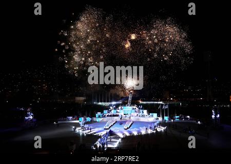 (190211) -- SARAJEVO, Feb. 11, 2019 (Xinhua) -- Fireworks are displayed during the opening ceremony of 14th European Youth Olympic Festival (EYOF 2019) at the City Olympic Stadium in Sarajevo, Bosnia and Herzegovina (BiH) on Feb. 10, 2019. (Xinhua/Nedim Grabovica) (SP)BOSNIA AND HERZEGOVINA-SARAJEVO-EUROPEAN YOUTH OLYMPIC FESTIVAL PUBLICATIONxNOTxINxCHN Stock Photo