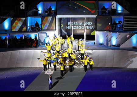 (190211) -- SARAJEVO, Feb. 11, 2019 (Xinhua) -- Bosnia and Herzegovina s youth Olympic team parade during the opening ceremony of 14th European Youth Olympic Festival (EYOF 2019) at the City Olympic Stadium in Sarajevo, Bosnia and Herzegovina (BiH) on Feb. 10, 2019. (Xinhua/Nedim Grabovica) (SP)BOSNIA AND HERZEGOVINA-SARAJEVO-EUROPEAN YOUTH OLYMPIC FESTIVAL PUBLICATIONxNOTxINxCHN Stock Photo