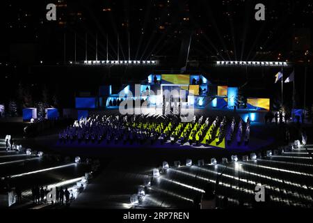 (190211) -- SARAJEVO, Feb. 11, 2019 (Xinhua) -- Performers take part in during the opening ceremony of 14th European Youth Olympic Festival (EYOF 2019) at the City Olympic Stadium in Sarajevo, Bosnia and Herzegovina (BiH) on Feb. 10, 2019. (Xinhua/Nedim Grabovica) (SP)BOSNIA AND HERZEGOVINA-SARAJEVO-EUROPEAN YOUTH OLYMPIC FESTIVAL PUBLICATIONxNOTxINxCHN Stock Photo