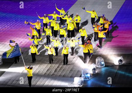 (190211) -- SARAJEVO, Feb. 11, 2019 (Xinhua) -- Bosnia and Herzegovina s youth Olympic team parades during the opening ceremony of 14th European Youth Olympic Festival (EYOF 2019) at the City Olympic Stadium in Sarajevo, Bosnia and Herzegovina (BiH) on Feb. 10, 2019. (Xinhua/Nedim Grabovica) (SP)BOSNIA AND HERZEGOVINA-SARAJEVO-EUROPEAN YOUTH OLYMPIC FESTIVAL PUBLICATIONxNOTxINxCHN Stock Photo