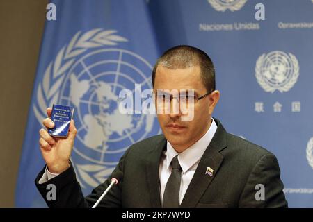 (190213) -- BEIJING, Feb. 13, 2019 -- Venezuelan Foreign Minister Jorge Arreaza speaks to journalists during a press conference at the UN headquarters in New York, Feb. 12, 2019. Jorge Arreaza said on Tuesday that the government led by President Nicolas Maduro was ready to sit down with the opposition without preconditions and seek a solution to the political crisis. ) XINHUA PHOTOS OF THE DAY LixMuzi PUBLICATIONxNOTxINxCHN Stock Photo
