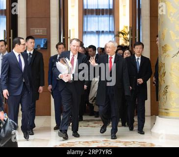 (190214) -- BEIJING, Feb. 14, 2019 (Xinhua) -- Chinese Vice Premier Liu He (R, front), also a member of the Political Bureau of the Communist Party of China Central Committee and chief of the Chinese side of the China-U.S. comprehensive economic dialogue, U.S. Trade Representative Robert Lighthizer (C, front) and Treasury Secretary Steven Mnuchin (L, front) jointly chair the opening ceremony of a new round of high-level economic and trade consultations in Beijing, capital of China, Feb. 14, 2019. This round of high-level consultations will conclude on Friday. (Xinhua/Shen Hong) CHINA-U.S.-TRAD Stock Photo