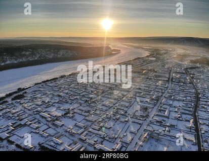 (190214) -- BEIJING, Feb. 14, 2019 (Xinhua) -- Aerial photo taken on Jan. 25, 2019 shows scenery in China s northernmost Beiji Village of Mohe, northeast China s Heilongjiang Province. (Xinhua/Cai Yang) CHINA-AERIAL VIEW-SNOW (CN) PUBLICATIONxNOTxINxCHN Stock Photo