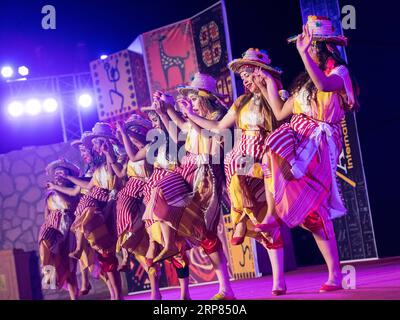 (190218) -- ASWAN, Feb. 18, 2019 (Xinhua) -- Moroccan artists dance at the opening ceremony of the 7th Aswan International Festival of Culture and Arts in Aswan, Egypt, Feb. 17, 2019. The 7th Aswan International Festival of Culture and Arts kicked off here on Sunday with the participation of folk and traditional bands from 13 African, Asian and European countries. (Xinhua/Meng Tao) EGYPT-ASWAN-CULTURE & ART FESTIVAL-OPENING PUBLICATIONxNOTxINxCHN Stock Photo