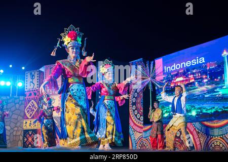 (190218) -- ASWAN, Feb. 18, 2019 (Xinhua) -- Indonesian artists dance at the opening ceremony of the 7th Aswan International Festival of Culture and Arts in Aswan, Egypt, Feb. 17, 2019. The 7th Aswan International Festival of Culture and Arts kicked off here on Sunday with the participation of folk and traditional bands from 13 African, Asian and European countries. (Xinhua/Meng Tao) EGYPT-ASWAN-CULTURE & ART FESTIVAL-OPENING PUBLICATIONxNOTxINxCHN Stock Photo