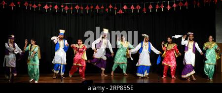 (190218) -- NEW DELHI, Feb. 18, 2019 (Xinhua) -- Students from the Center for Chinese and South East Asian Studies perform Indian dancing at Jawaharlal Nehru University (JNU) in New Delhi, India, Feb. 18, 2019. Chinese songs, poems, mini plays and Indian dances were performed to celebrate the Spring Festival in the event. (Xinhua/Zhang Naijie) INDIA-NEW DELHI-JNU-SPRING FESTIVAL-CELEBRATION PUBLICATIONxNOTxINxCHN Stock Photo