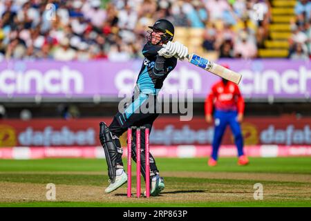 BIRMINGHAM, UNITED KINGDOM. 03 September, 2023. Finn Allen of New Zealand is awarded Match of Player during England Men v New Zealand - Third Vitality T20 International at Edgbaston Cricket Ground on Sunday, September 03, 2023 in BIRMINGHAM ENGLAND.  Credit: Taka Wu/Alamy Live News Stock Photo