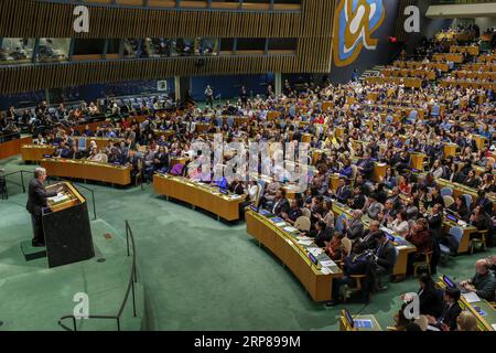 (190222) -- UNITED NATIONS, Feb. 22, 2019 -- United Nations Secretary-General Antonio Guterres (1st L, Front) addresses the opening of the United Nations Association of the United States of America (UNA-USA) 2019 Global Engagement Summit at the UN headquarters in New York, on Feb. 22, 2019. Antonio Guterres on Friday called for stronger political will in tackling some of the challenges that are becoming more global and more integrated. ) UN-UNA-USA 2019 GLOBAL ENGAGEMENT SUMMIT-OPENING LixMuzi PUBLICATIONxNOTxINxCHN Stock Photo