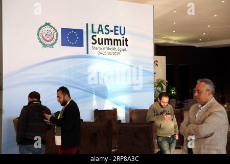 (190223) -- SHARM EL-SHEIKH (EGYPT), Feb. 23, 2019 -- Workers prepare inside the International Congress Center one day before the first European Union(EU)-Arab League(AL) summit in Sharm El-Sheikh, Egypt, on Feb. 23, 2019. The summit will be held here on Feb. 24-25. ) EGYPT-SHARM EL-SHEIKH-EU-AL SUMMIT AhmedxGomaa PUBLICATIONxNOTxINxCHN Stock Photo