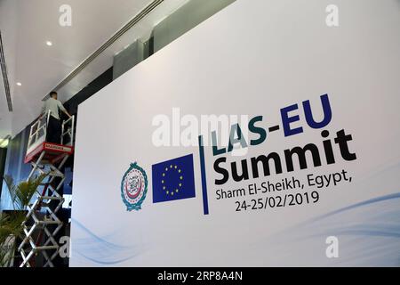 (190223) -- SHARM EL-SHEIKH (EGYPT), Feb. 23, 2019 -- A worker works inside the International Congress Center one day before the first European Union(EU)-Arab League(AL) summit in Sharm El-Sheikh, Egypt, on Feb. 23, 2019. The summit will be held here on Feb. 24-25. ) EGYPT-SHARM EL-SHEIKH-EU-AL SUMMIT AhmedxGomaa PUBLICATIONxNOTxINxCHN Stock Photo