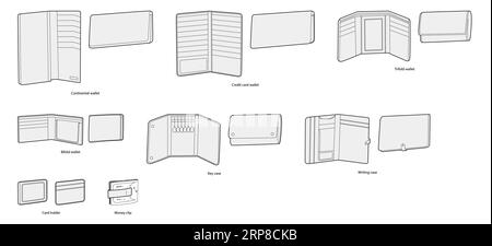 Set of Wallets, Cases, Business card holders. Fashion accessory technical illustration. Organizer front 3-4 view for Men, women, unisex silhouette style, flat handbag CAD sketch outline isolated Stock Vector