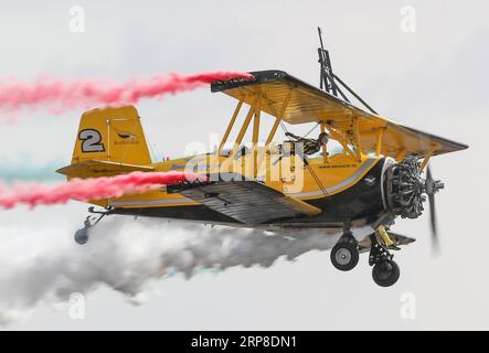 (190301) -- BEIJING, March 1, 2019 -- Scandinavian Airshow aerobatic team perform during the Australian International Airshow and Aerospace & Defence Exposition at the Avalon Airport, Melbourne, Feb. 28, 2019. ) XINHUA PHOTOS OF THE DAY BaixXuefei PUBLICATIONxNOTxINxCHN Stock Photo