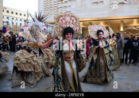 (190303) -- MALTA, March 3, 2019 (Xinhua) -- Revelers perform during the carnival parade in Valletta, Malta, on March 2, 2019. Malta carnival 2019 celebrations started on March 1 and will last till March 5. (Xinhua/Yuan Yun) MALTA-VALLETTA-CARNIVAL PUBLICATIONxNOTxINxCHN Stock Photo