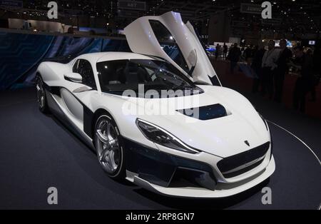 (190305) -- GENEVA, March 5, 2019 (Xinhua) -- A Rimac C Two is seen on the first press day of the 89th Geneva International Motor Show in Geneva, Switzerland, on March 5, 2019. Featuring about 220 world exhibitors, the 89th Geneva International Motor Show will be opened to the public from March 7 to 17. (Xinhua/Xu Jinquan) SWITZERLAND-GENEVA-MOTOR SHOW-PRESS DAY PUBLICATIONxNOTxINxCHN Stock Photo