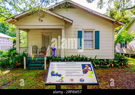 Jimmy Buffett’s childhood home is pictured, Sept. 2, 2023, in Pascagoula, Mississippi. Fans have been leaving flowers since his death on Sept. 1, 2023. Stock Photo