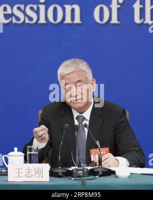 (190311) -- BEIJING, March 11, 2019 -- Minister of Science and Technology Wang Zhigang attends a press conference on making China a country of innovators for the second session of the 13th National People s Congress (NPC) in Beijing, capital of China, March 11, 2019. ) (TWO SESSIONS)CHINA-BEIJING-NPC-PRESS CONFERENCE (CN) ShenxBohan PUBLICATIONxNOTxINxCHN Stock Photo