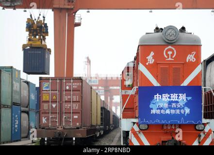(190312) -- BEIJING, March 12, 2019 (Xinhua) -- Photo taken on May 21, 2018 shows a cross-border e-commerce freight train from Hamburg of Germany arriving in Xi an, northwest China s Shaanxi Province. (Xinhua/Li Yibo) Xinhua Headlines: China s Two Sessions buzzwords attract global attention PUBLICATIONxNOTxINxCHN Stock Photo