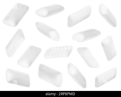 Many chewing gum pads falling on white background Stock Photo