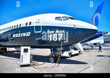 (190313) -- NEW YORK, March 13, 2019 (Xinhua) -- File photo taken on June 19, 2017 shows a Boeing 737 MAX 9 at the 52nd International Paris Air and Space Show in Bourget, France. The United States is grounding all Boeing 737 Max 8 and 9 aircraft, said U.S. President Donald Trump on March 13, 2019. (Xinhua/Chen Yichen) FILE-U.S.-BOEING 737 MAX 9-GROUNDING PUBLICATIONxNOTxINxCHN Stock Photo