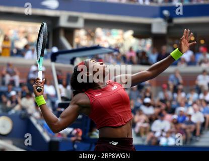 New York, United States. 03rd Sep, 2023. Number 6 seed Coco Gauff of the United States serving to Caroline Wozniacki of Denmark during their fourth round match at the US Open. Photography by Credit: Adam Stoltman/Alamy Live News Stock Photo