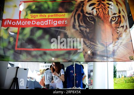 (190317) -- KUALA LUMPUR, March 17, 2019 (Xinhua) -- A poster calling for the protection for tigers is seen during the Save Our Malayan Tiger campaign, as part of events to mark the International World Wildlife Day, in Kuala Lumpur, Malaysia, March 17, 2019. Malaysia s government announced the launching of a campaign on Sunday to provide greater protection for the country s tiger amid an alarming increase of poaching. The Malayan tiger, a subspecies of the big cat lives in Southern Thailand and Malaysia, had seen its numbers dwindle to an estimated 250 in the wild in Malaysia due to poaching a Stock Photo
