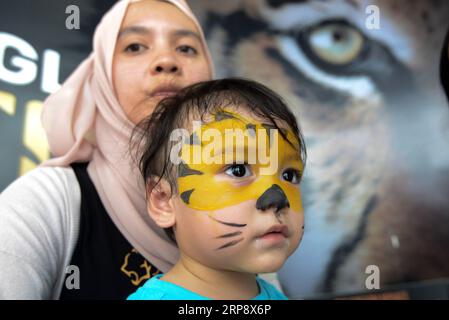 (190317) -- KUALA LUMPUR, March 17, 2019 (Xinhua) -- A kid with a facial painting of tiger is seen during the Save Our Malayan Tiger campaign, as part of events to mark the International World Wildlife Day, in Kuala Lumpur, Malaysia, March 17, 2019. Malaysia s government announced the launching of a campaign on Sunday to provide greater protection for the country s tiger amid an alarming increase of poaching. The Malayan tiger, a subspecies of the big cat lives in Southern Thailand and Malaysia, had seen its numbers dwindle to an estimated 250 in the wild in Malaysia due to poaching and loss o Stock Photo
