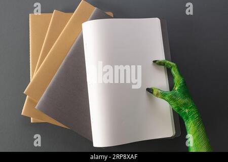 Green monster hand holding notebook with copy space on grey background Stock Photo
