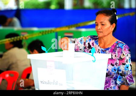 (190317) -- BANGKOK, March 17, 2019 -- A woman votes at a polling station in Samut Prakan province, on the outskirts of Bangkok, Thailand, March 17, 2019. An average of 75 percent voter turnout was reported in Sunday s early voting for the general election in Thailand, a senior official of the Election Commission said. ) THAILAND-BANGKOK-GENERAL ELECTION-EARLY VOTING RachenxSageamsak PUBLICATIONxNOTxINxCHN Stock Photo