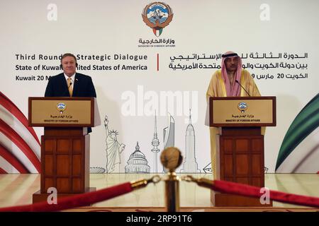 (190320) -- KUWAIT CITY, March 20, 2019 -- U.S. Secretary of State Mike Pompeo (L) and Kuwaiti Deputy Prime Minister and Foreign Minister Sheikh Sabah Khaled Al-Sabah attend a press conference in Kuwait City, capital of Kuwait, March 20, 2019. Foreign ministers of Kuwait and the United States vowed Wednesday to boost bilateral relations. Asad) KUWAIT-KUWAIT CITY-U.S.-FOREIGN MINISTER-PRESS CONFERENCE NiexYunpeng PUBLICATIONxNOTxINxCHN Stock Photo