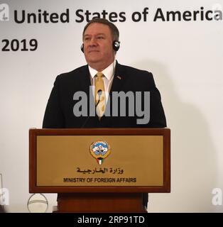 (190320) -- KUWAIT CITY, March 20, 2019 -- U.S. Secretary of State Mike Pompeo attends a press conference in Kuwait City, capital of Kuwait, March 20, 2019. Foreign ministers of Kuwait and the United States vowed Wednesday to boost bilateral relations. Asad) KUWAIT-KUWAIT CITY-U.S.-FOREIGN MINISTER-PRESS CONFERENCE NiexYunpeng PUBLICATIONxNOTxINxCHN Stock Photo