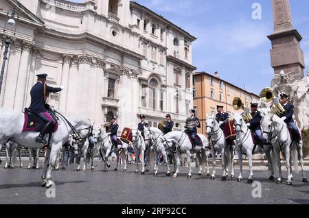 (190321) -- BEIJING, March 21, 2019 (Xinhua) -- File photo taken on May 28, 2018 shows a ceremony held to symbolically mark the start of the third year of law enforcement cooperation between China and Italy in Rome, Italy. In 2014, China and Italy agreed to launch the joint patrol program during peak travel seasons. Since May 2016, China has sent three groups of police officers to patrol streets in Italy. Italian officers were first invited to the joint patrol in Beijing and Shanghai in April 2017. (Xinhua/Alberto Lingria) CHINA-ITALY-POLICE-JOINT PATROL PUBLICATIONxNOTxINxCHN Stock Photo