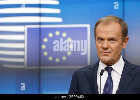 (190322) -- BRUSSELS, March 22, 2019 -- European Council President Donald Tusk attends a press conference after EU s spring summit in Brussels, Belgium, on March 22, 2019. ) BELGIUM-BRUSSELS-EU-SUMMIT-PRESS CONFERENCE EuropeanxUnion PUBLICATIONxNOTxINxCHN Stock Photo