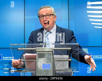 (190322) -- BRUSSELS, March 22, 2019 -- European Commission President Jean-Claude Juncker attends a press conference after EU s spring summit in Brussels, Belgium, on March 22, 2019. ) BELGIUM-BRUSSELS-EU-SUMMIT-PRESS CONFERENCE EuropeanxUnion PUBLICATIONxNOTxINxCHN Stock Photo