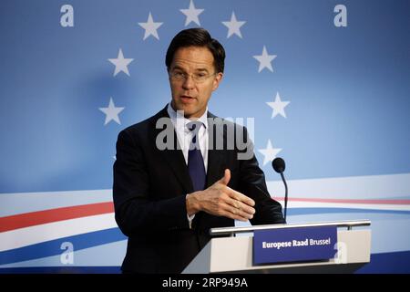 (190322) -- BRUSSELS, March 22, 2019 -- Dutch Prime Minister Mark Rutte attends a press conference after EU s spring summit in Brussels, Belgium, on March 22, 2019. ) BELGIUM-BRUSSELS-EU-SUMMIT-PRESS CONFERENCE EuropeanxUnion PUBLICATIONxNOTxINxCHN Stock Photo