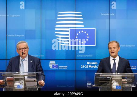 (190322) -- BRUSSELS, March 22, 2019 -- European Commission President Jean-Claude Juncker (L) and European Council President Donald Tusk attend a press conference after EU s spring summit in Brussels, Belgium, on March 22, 2019. ) BELGIUM-BRUSSELS-EU-SUMMIT-PRESS CONFERENCE EuropeanxUnion PUBLICATIONxNOTxINxCHN Stock Photo