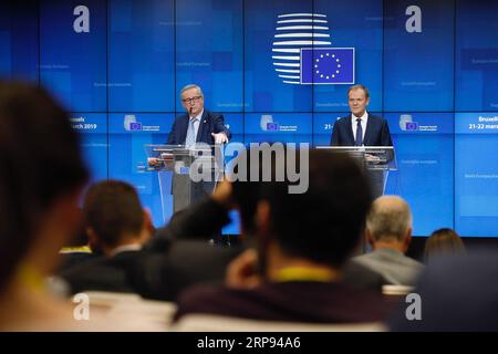 News Themen der Woche KW12 News Bilder des Tages (190322) -- BRUSSELS, March 22, 2019 -- European Commission President Jean-Claude Juncker (L) and European Council President Donald Tusk attend a press conference after EU s spring summit in Brussels, Belgium, on March 22, 2019. ) BELGIUM-BRUSSELS-EU-SUMMIT-PRESS CONFERENCE EuropeanxUnion PUBLICATIONxNOTxINxCHN Stock Photo