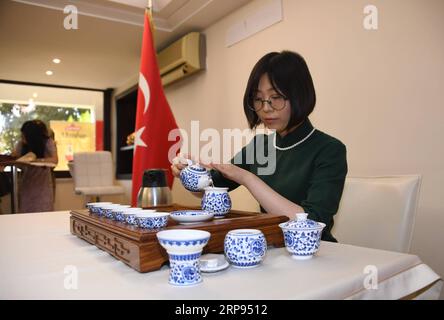 (190323) -- ISTANBUL, March 23, 2019 (Xinhua) -- A Chinese woman performs tea ceremony at an event in Istanbul, Turkey, on March 23, 2019. Tea was presented in Istanbul on Saturday as a mutual cultural heritage of Turkey and China. TO GO WITH Tea presented as mutual heritage of Turkey, China in Istanbul (Xinhua/Xu Suhui) TURKEY-ISTANBUL-CHINA-MUTUAL HERITAGE-TEA PUBLICATIONxNOTxINxCHN Stock Photo