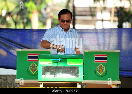 (190324) -- BANGKOK, March 24, 2019 -- Thai Prime Minister Prayut Chan-o-cha casts his ballot at a polling station in Bangkok, Thailand, March 24, 2019. Thai voters flock to polling stations across the country on Sunday for the country s first general election since the 2014 coup. Eligible voters have been lining up at polling station since 6:00 a.m. local time. Prime Minister Prayut Chan-o-cha cast his ballot at a station in Bangkok at about 8:30 a.m. local time. ) THAILAND-BANGKOK-ELECTION-VOTING RachenxSageamsak PUBLICATIONxNOTxINxCHN Stock Photo