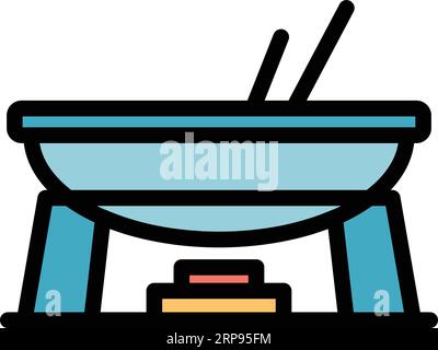 Fondue big pot icon outline vector. Cheese food. Fondu cooking color flat Stock Vector