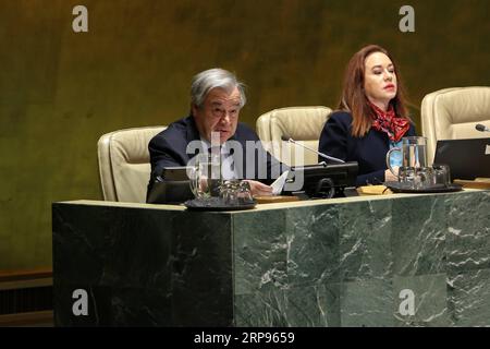 (190326) -- UNITED NATIONS, March 26, 2019 -- United Nations Secretary-General Antonio Guterres (L) addresses an event to commemorate the International Day for the Elimination of Racial Discrimination, at the UN headquarters in New York, March 25, 2019. Antonio Guterres on Monday urged the international community to renew its promise to end racial discrimination. ) UN-GENERAL ASSEMBLY-ELIMINATION OF RACIAL DISCRIMINATION LixMuzi PUBLICATIONxNOTxINxCHN Stock Photo