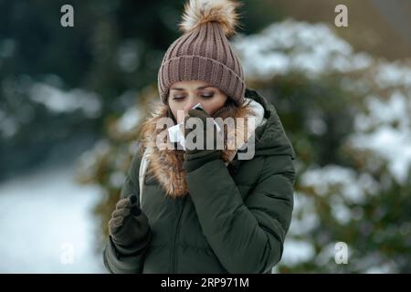 sad modern 40 years old woman in green coat and brown hat outdoors in the city park in winter with mittens, napkin blowing nose and beanie hat. Stock Photo