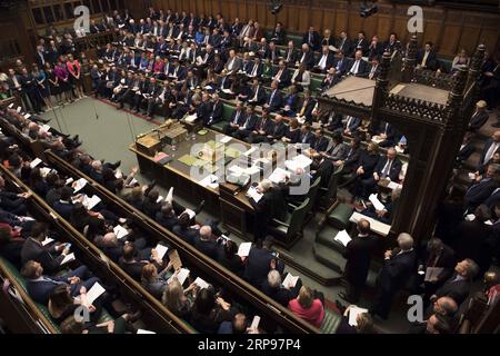 News Themen der Woche KW13 News Bilder des Tages 190327 -- LONDON, March 27, 2019 -- Photo taken on March 27, 2019 shows the Prime Minister s Questions in the House of Commons in London, Britain. British lawmakers on Wednesday overwhelmingly voted to change original Brexit departure date in law to April 12 or May 22 as British Prime Minister Theresa May was in an 11 hour appeal to Tory MPs to back her Withdrawal Agreement.  HOC MANDATORY CREDIT: BRITAIN-LONDON-PARLIAMENT-BREXIT DELAY UKxParliament/MarkxDuffy PUBLICATIONxNOTxINxCHN Stock Photo