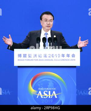 (190328) -- BOAO, March 28, 2019 -- Chinese Premier Li Keqiang delivers a keynote speech at the opening plenary of the Boao Forum for Asia annual conference in Boao, south China s Hainan Province, March 28, 2019. ) CHINA-BOAO-LI KEQIANG-SPEECH (CN) PangxXinglei PUBLICATIONxNOTxINxCHN Stock Photo